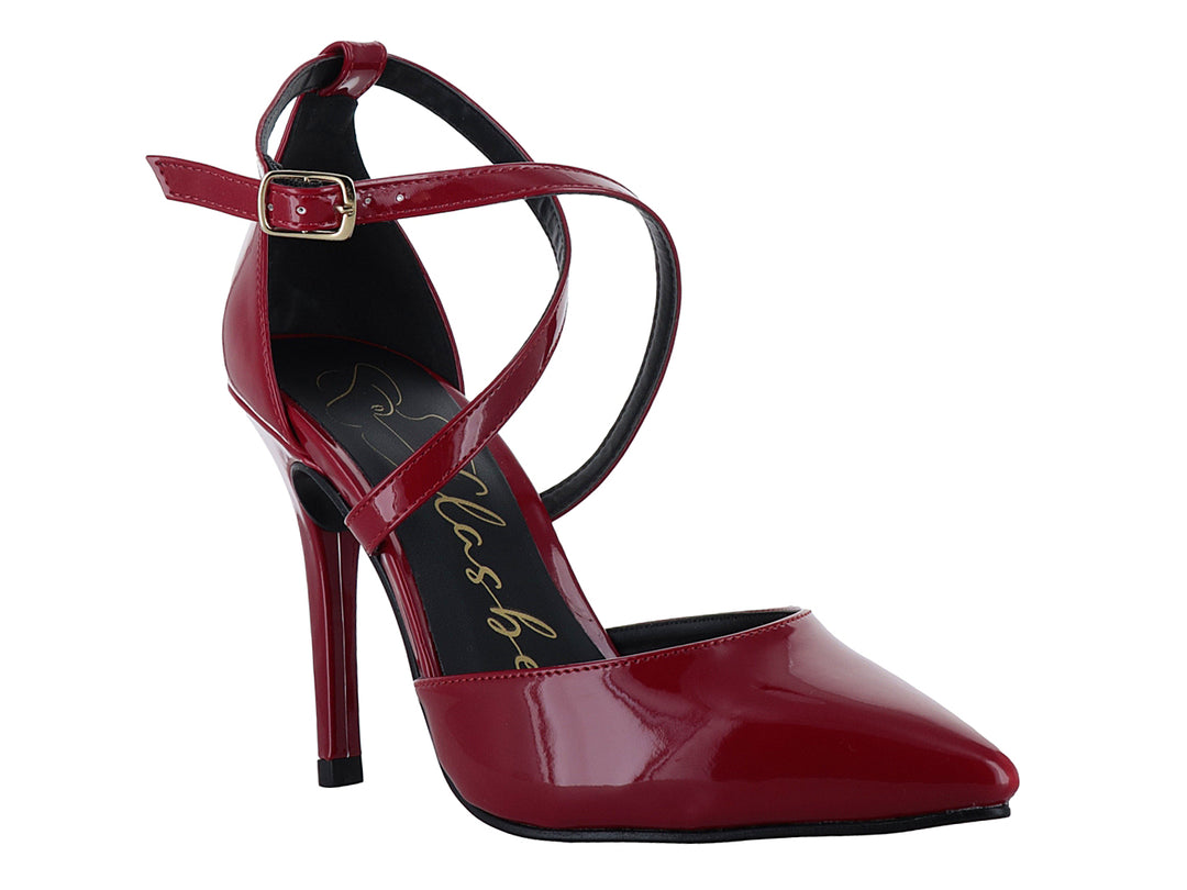 Zapato de tacón alto color rojo brillante con tiras cruzadas y hebilla dorada para mujer.