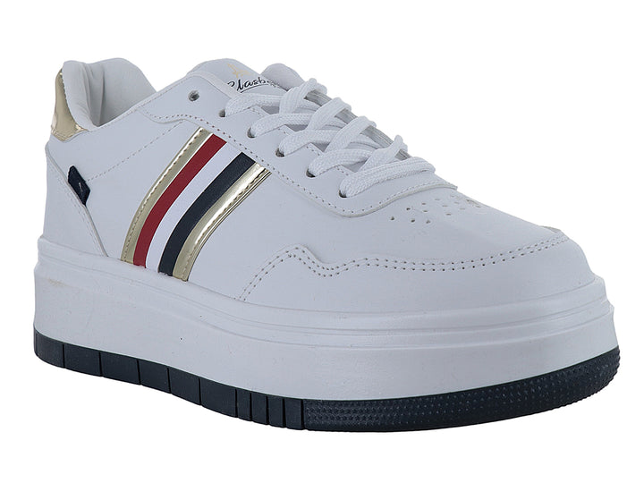 Tenis blancos de plataforma con rayas laterales en rojo, azul y dorado y suela gruesa.