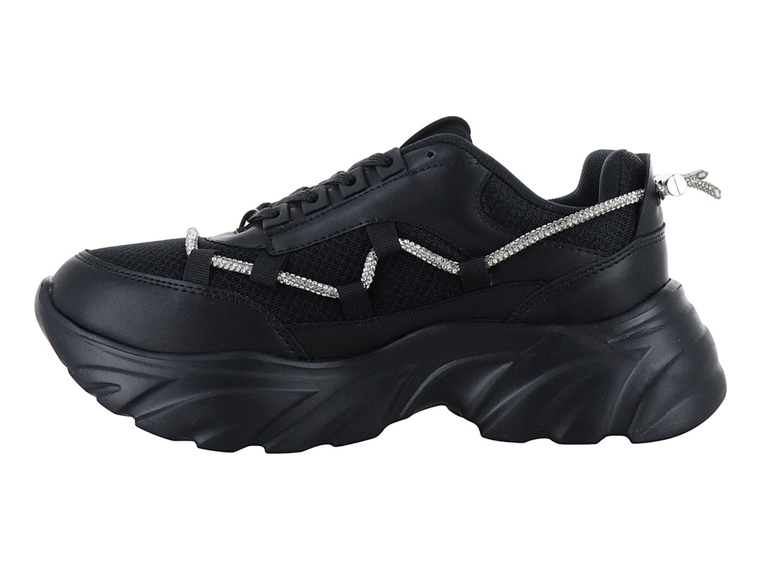 Tenis negros de plataforma con detalles de cristales brillantes en los laterales.