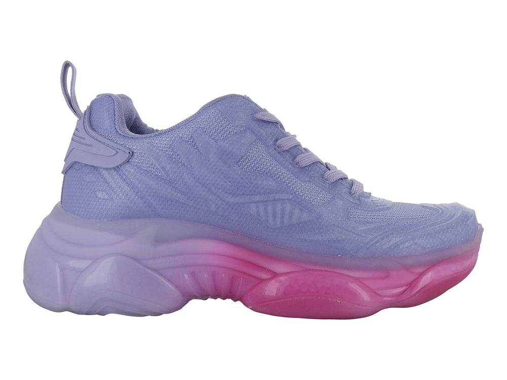 Tenis deportivos morados con suela gruesa en degradado de morado a rosa.