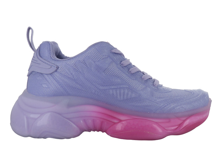 Tenis deportivos morados con suela gruesa en degradado de morado a rosa.