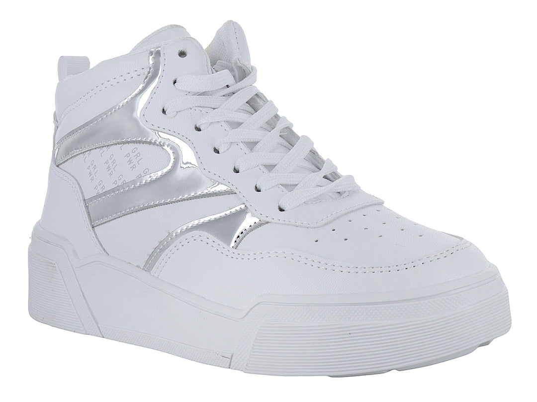 Tenis casuales color blanco con detalles laterales en plata brillante y suela de plataforma blanca.