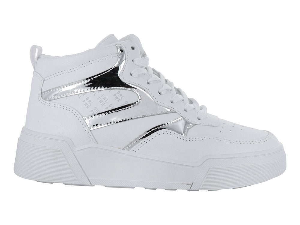 Tenis casuales color blanco con detalles laterales en plata brillante y suela de plataforma blanca.