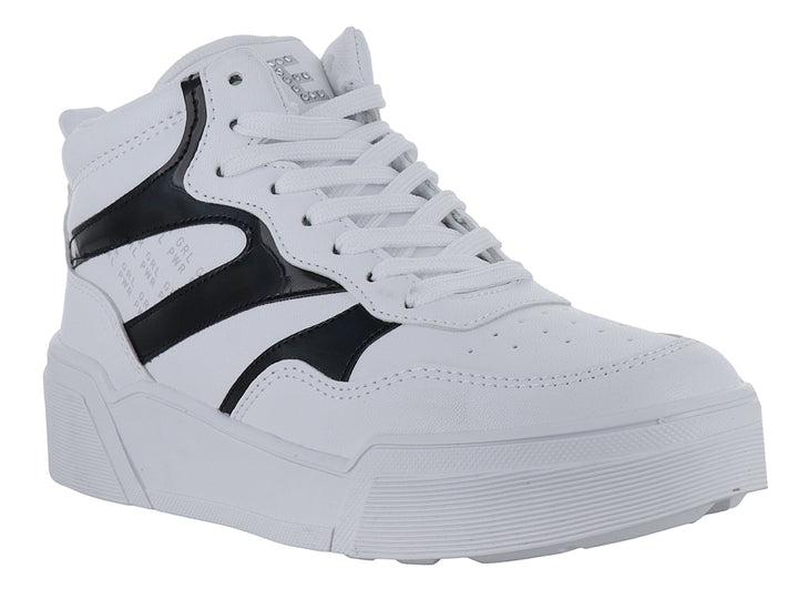 Tenis deportivos de corte medio en color blanco con detalles laterales en negro brillante y suela blanca.
