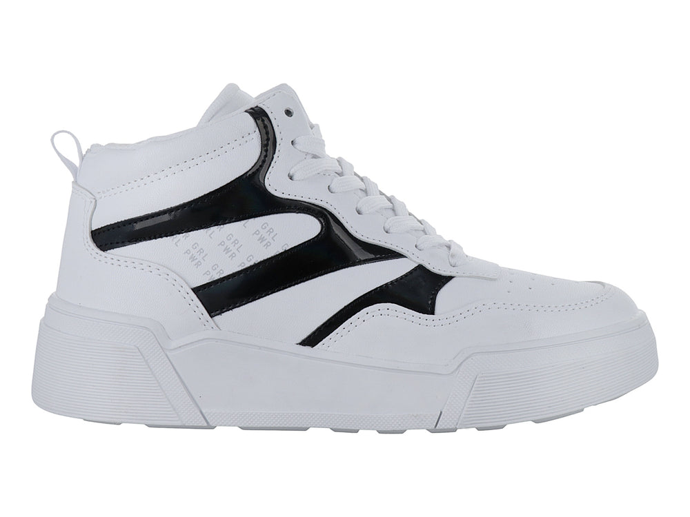 Tenis deportivos de corte medio en color blanco con detalles laterales en negro brillante y suela blanca.