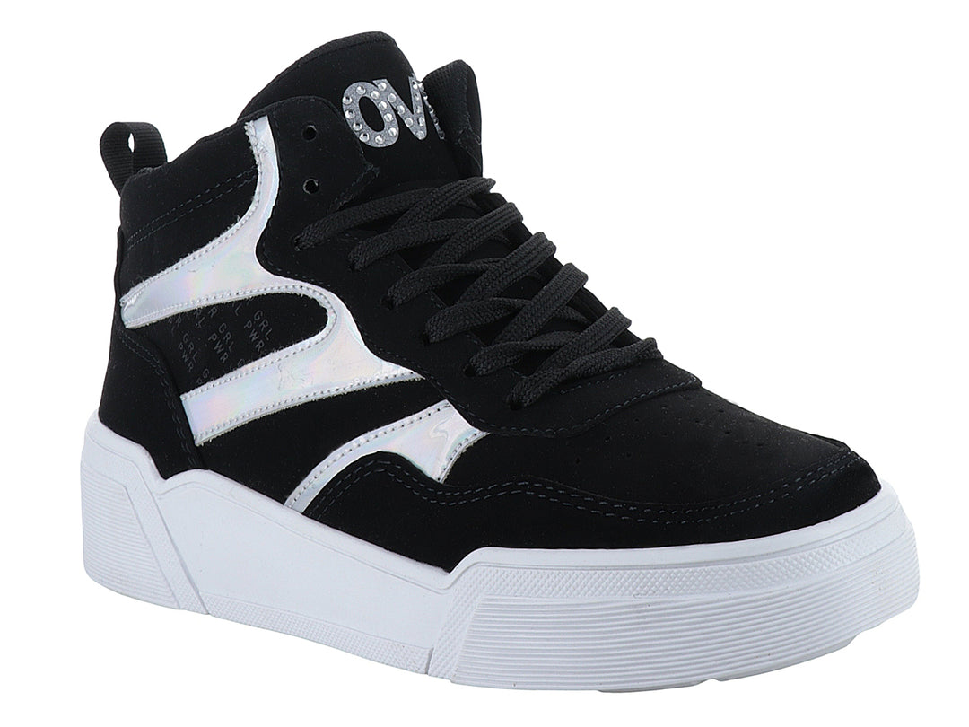 Tenis de caña alta color negro con suela blanca y detalles laterales holográficos.