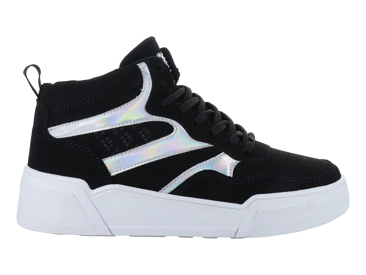 Tenis de caña alta color negro con suela blanca y detalles laterales holográficos.