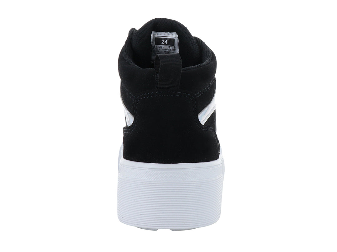 Tenis de caña alta color negro con suela blanca y detalles laterales holográficos.