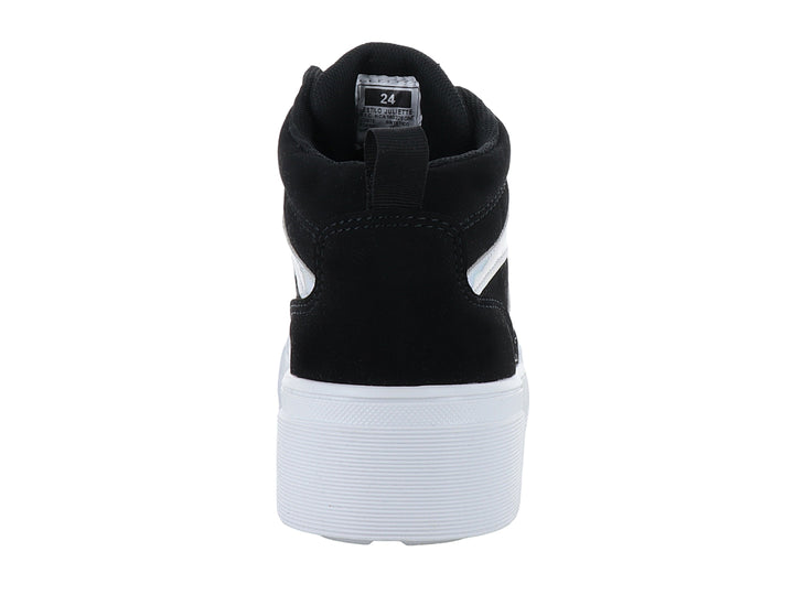 Tenis de caña alta color negro con suela blanca y detalles laterales holográficos.