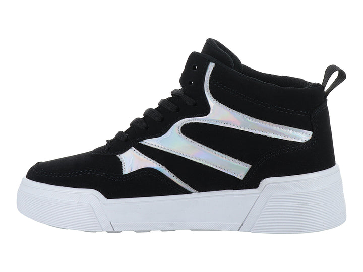 Tenis de caña alta color negro con suela blanca y detalles laterales holográficos.