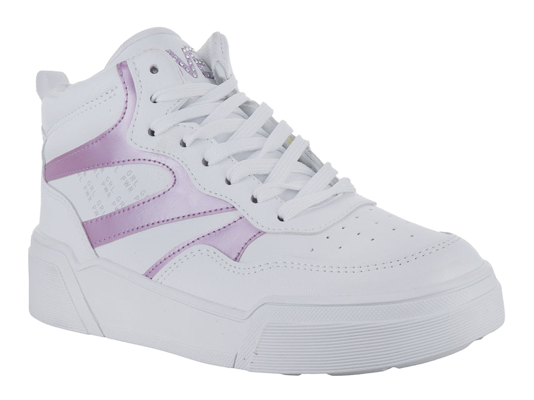 Tenis blancos con detalles en rosa metálico y suela gruesa blanca.