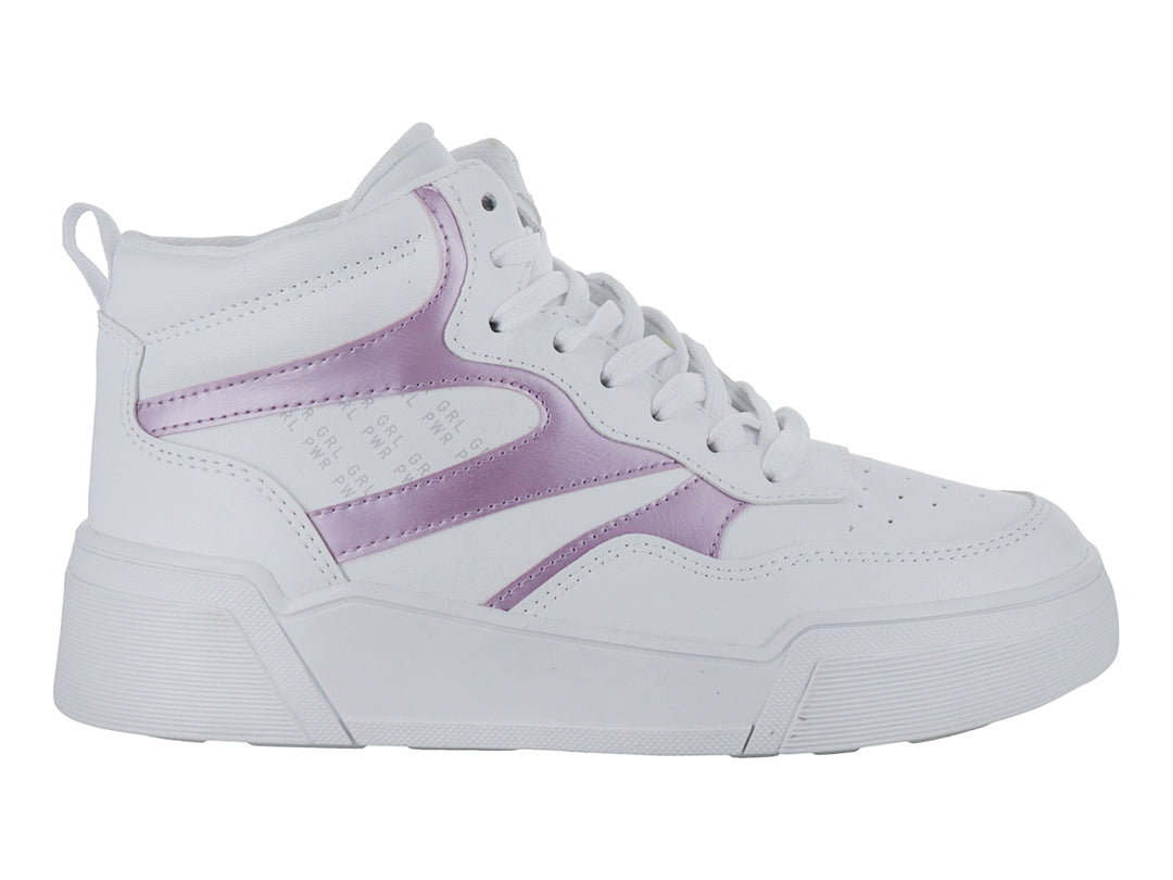 Tenis blancos con detalles en rosa metálico y suela gruesa blanca.