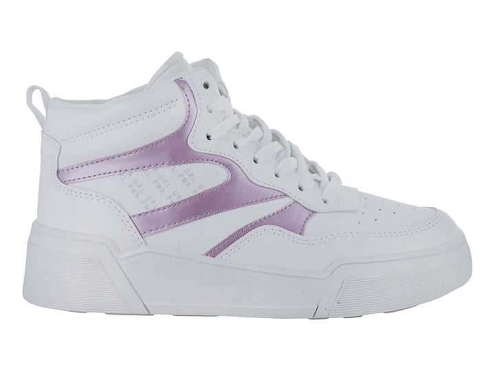 Tenis blancos con detalles en rosa metálico y suela gruesa blanca.