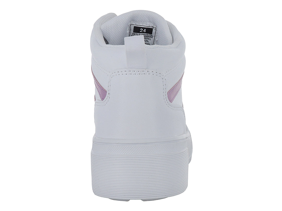 Tenis blancos con detalles en rosa metálico y suela gruesa blanca.