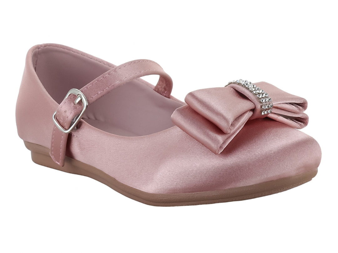 Zapato plano color mauve para niña con moño decorativo y correa ajustable.