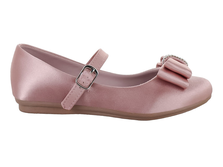 Zapato plano color mauve para niña con moño decorativo y correa ajustable.