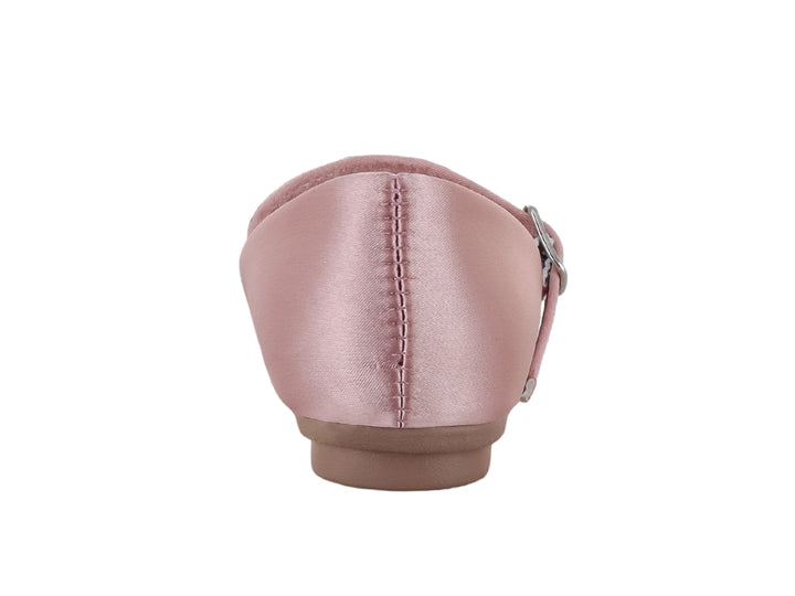 Zapato plano color mauve para niña con moño decorativo y correa ajustable.
