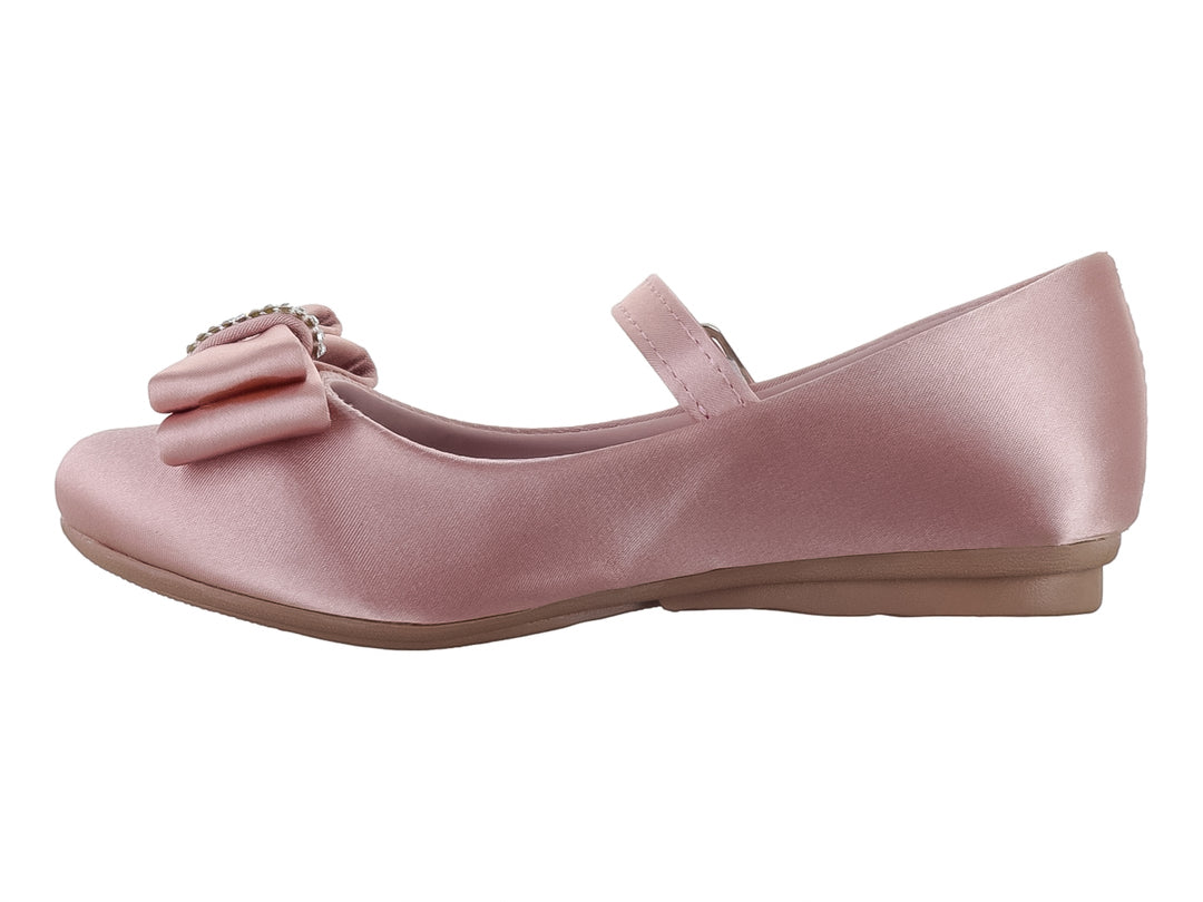 Zapato plano color mauve para niña con moño decorativo y correa ajustable.