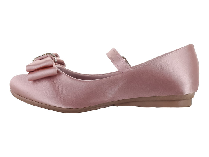 Zapato plano color mauve para niña con moño decorativo y correa ajustable.