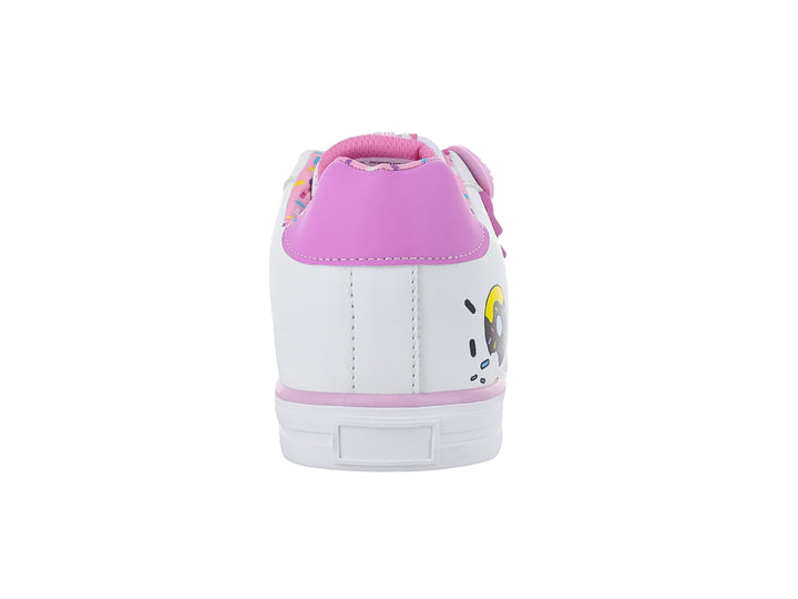 Tenis blancos para niña con estampado de donas coloridas y detalles en rosa.