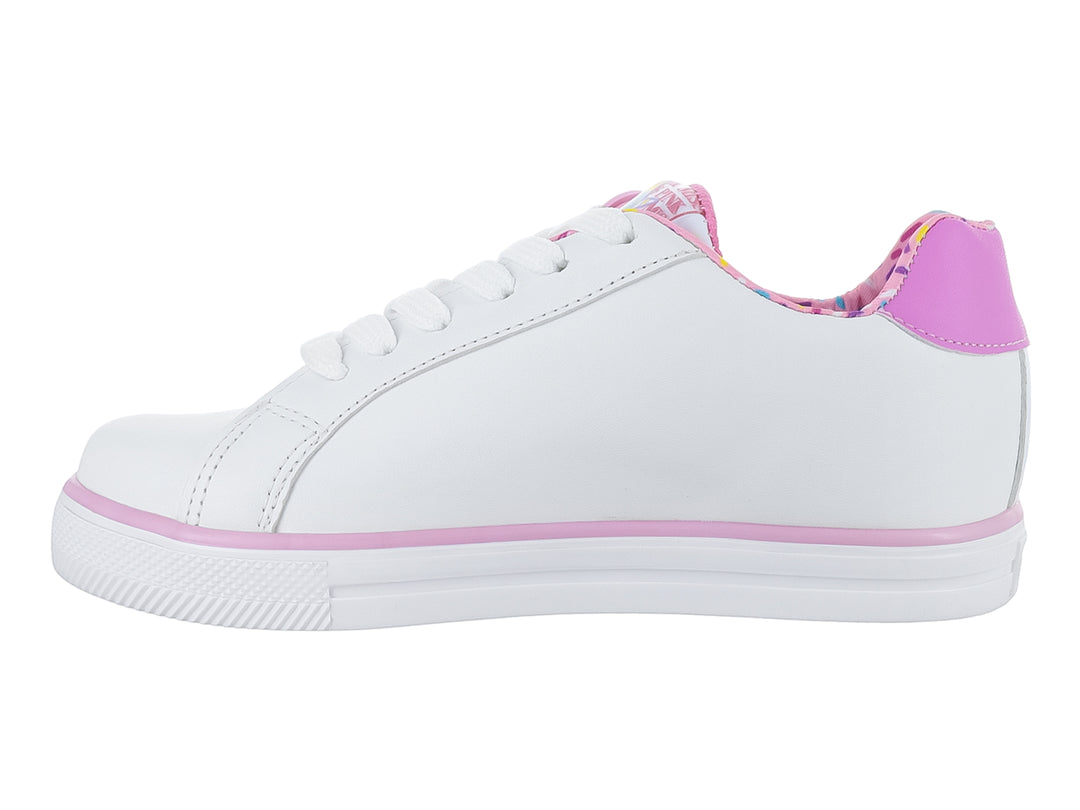 Tenis blancos para niña con estampado de donas coloridas y detalles en rosa.