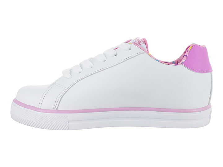 Tenis blancos para niña con estampado de donas coloridas y detalles en rosa.