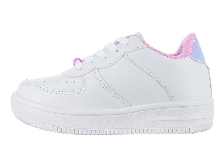 Tenis blancos para niña con parche de unicornio y cuentas coloridas decorativas.