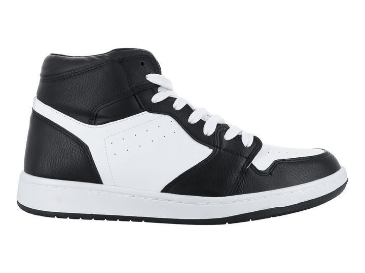 Tenis tipo botín Clasben en colores blanco y negro con suela blanca y agujetas blancas.