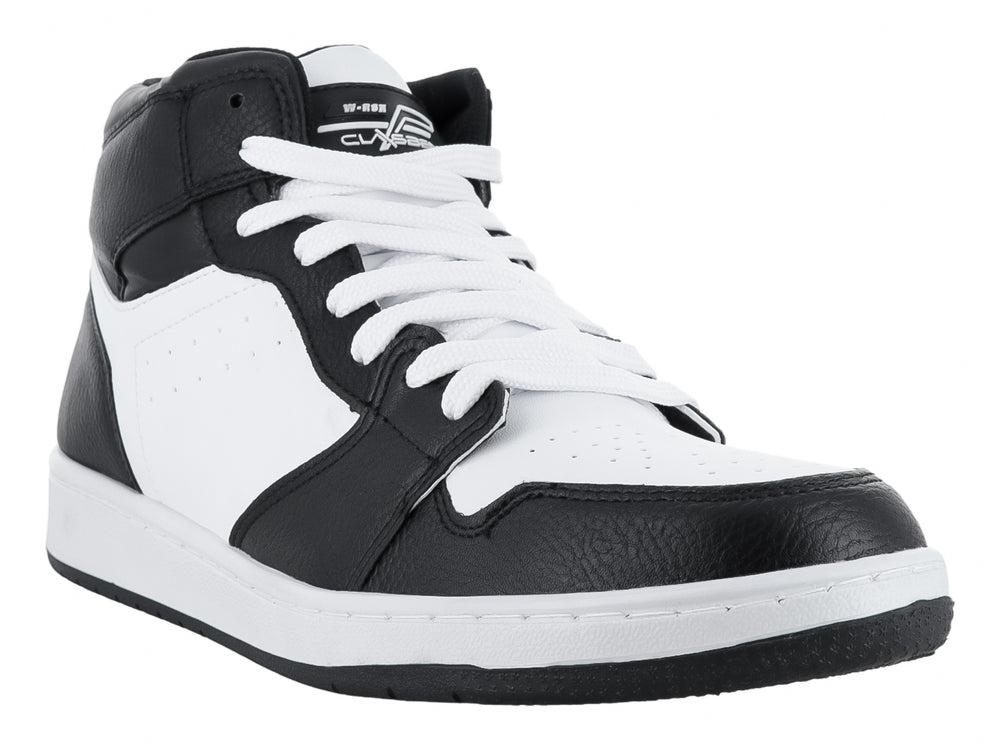 Tenis tipo botín Clasben en colores blanco y negro con suela blanca y agujetas blancas.