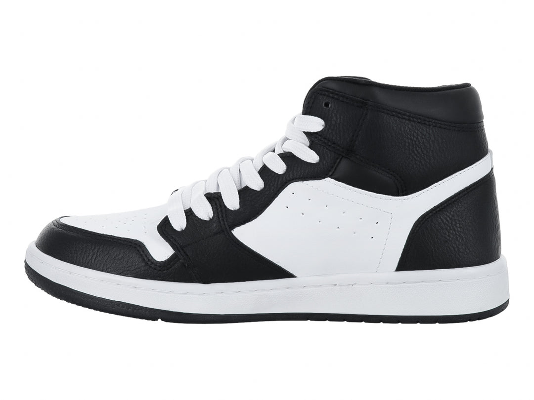 Tenis tipo botín Clasben en colores blanco y negro con suela blanca y agujetas blancas.