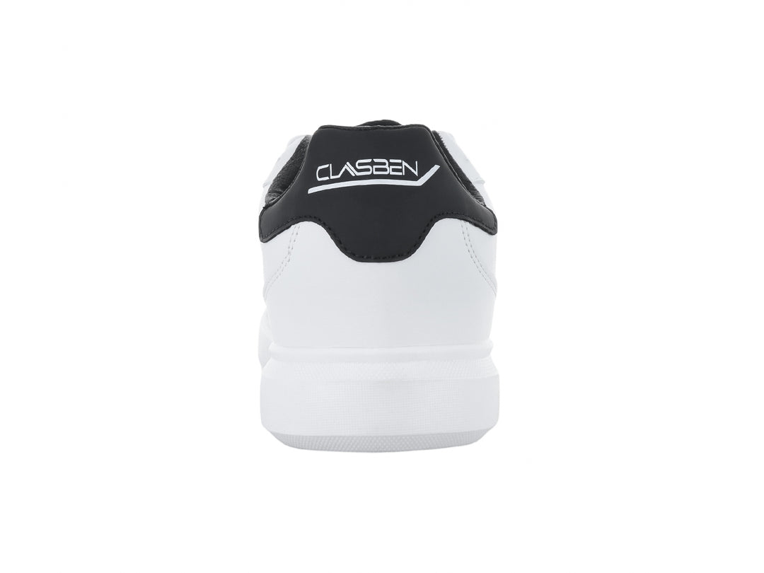 Tenis casuales color blanco con detalles en negro y suela blanca de la marca Clasben.