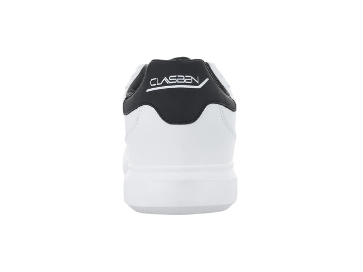 Tenis casuales color blanco con detalles en negro y suela blanca de la marca Clasben.