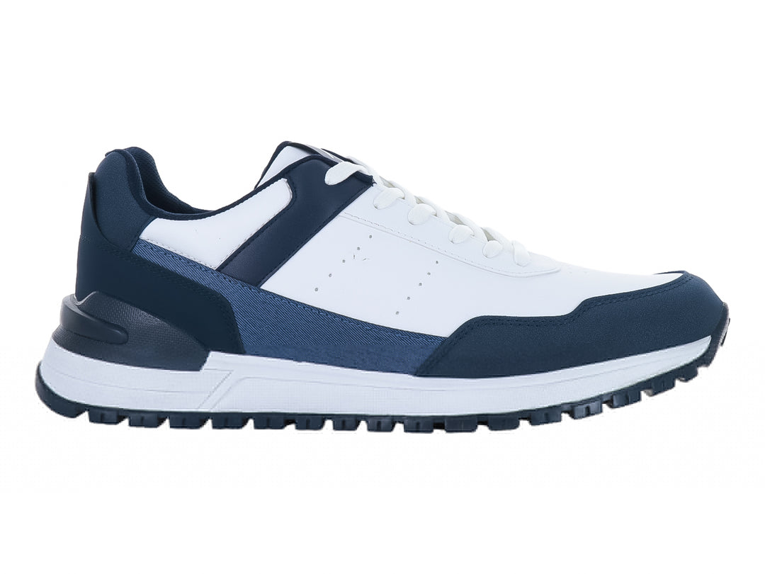Tenis deportivos de baloncesto marca Clasben en colores blanco y azul marino con suela blanca y base oscura.