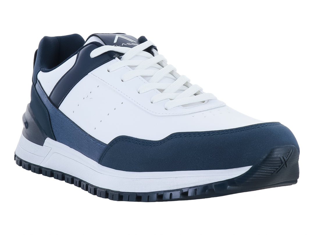 Tenis deportivos de baloncesto marca Clasben en colores blanco y azul marino con suela blanca y base oscura.