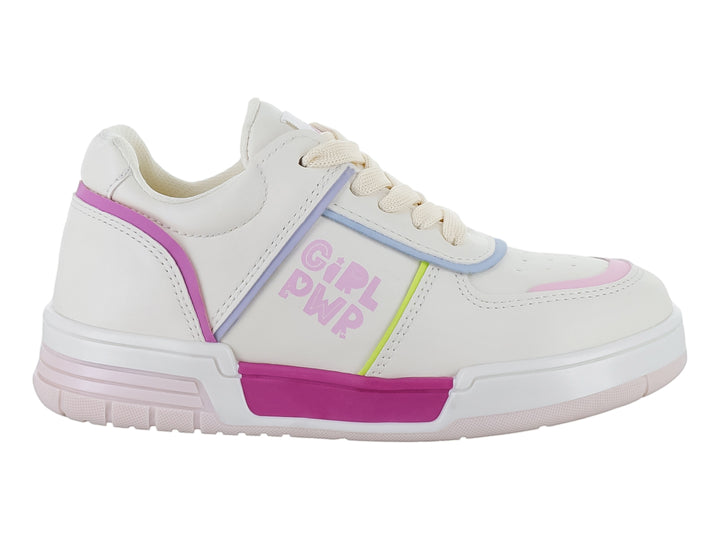Tenis deportivos para niña color latte con detalles en rosa, azul y amarillo y texto Girl Pwr lateral.