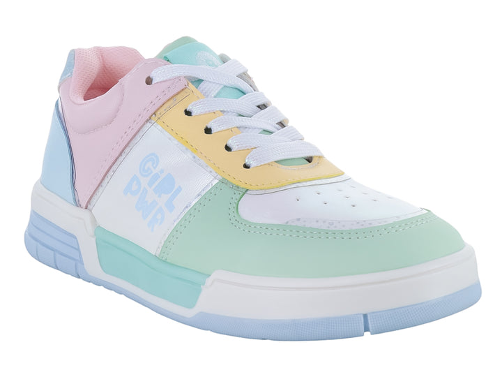 Tenis deportivos infantiles multicolor con suela blanca y detalles en colores pastel.