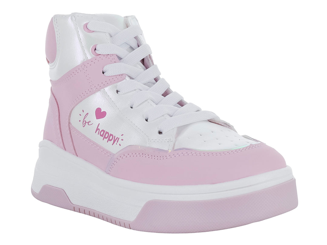 Tenis botín infantiles en color blanco y morado claro con plataforma y detalle de corazón rosa.