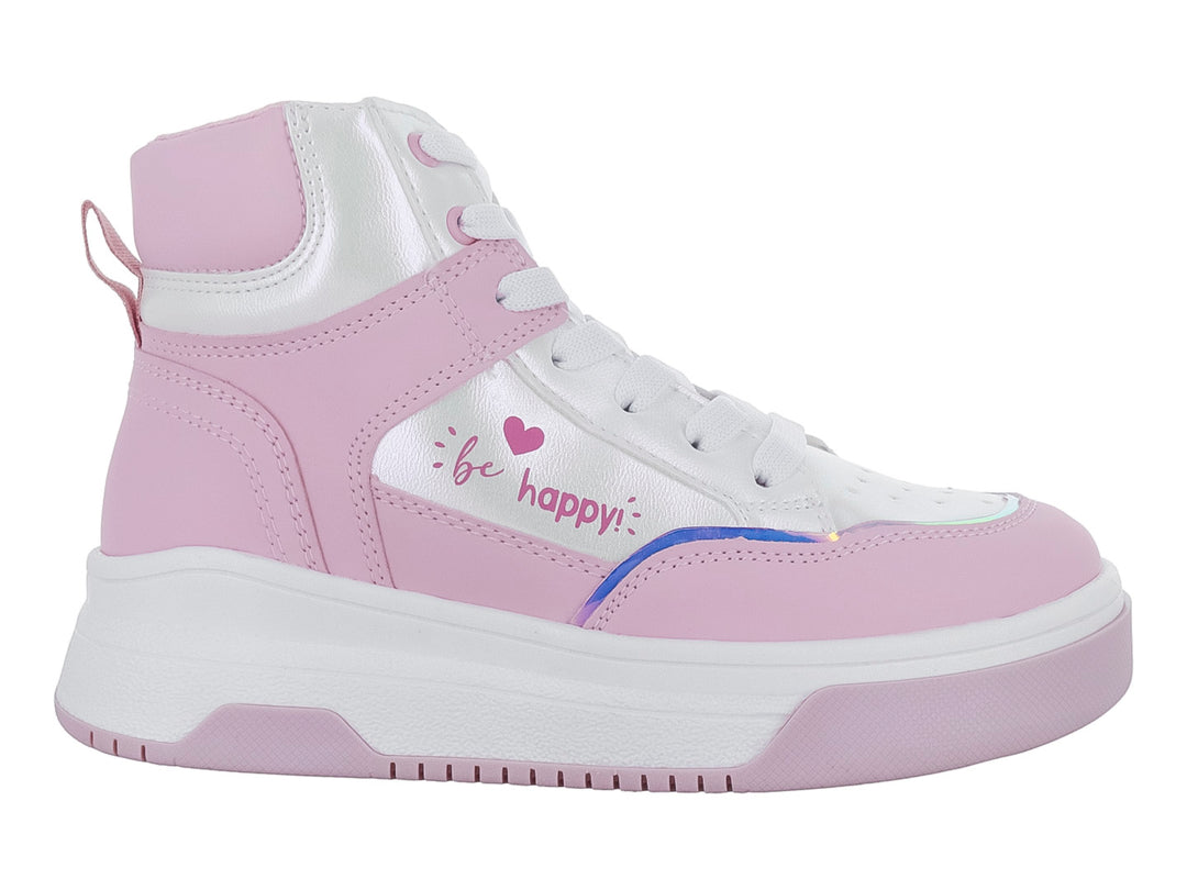 Tenis botín infantiles en color blanco y morado claro con plataforma y detalle de corazón rosa.