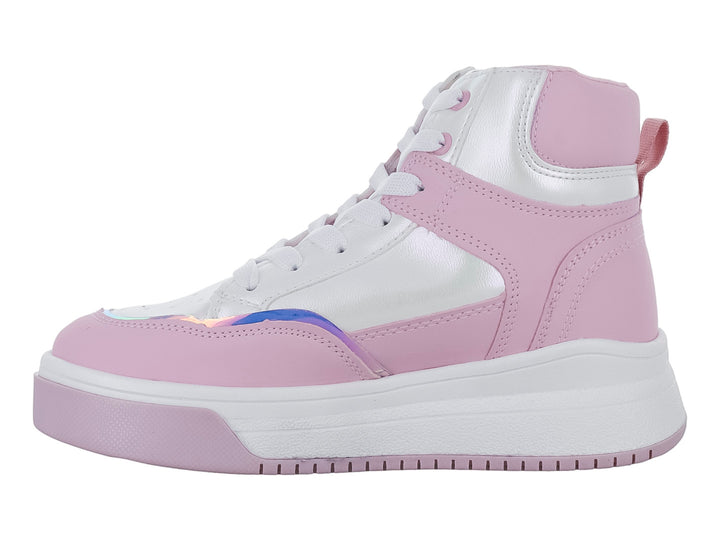 Tenis botín infantiles en color blanco y morado claro con plataforma y detalle de corazón rosa.