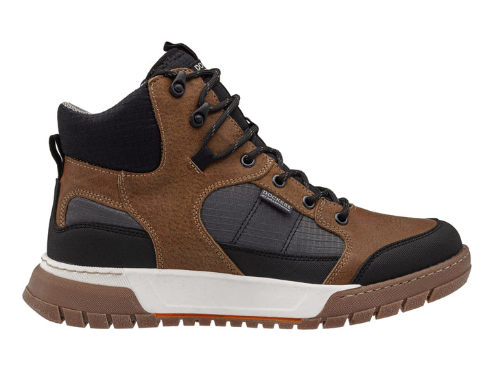 Bota Dockers en color marrón y negro con suela blanca y marrón, diseño casual.