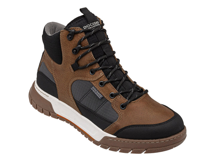 Bota Dockers en color marrón y negro con suela blanca y marrón, diseño casual.