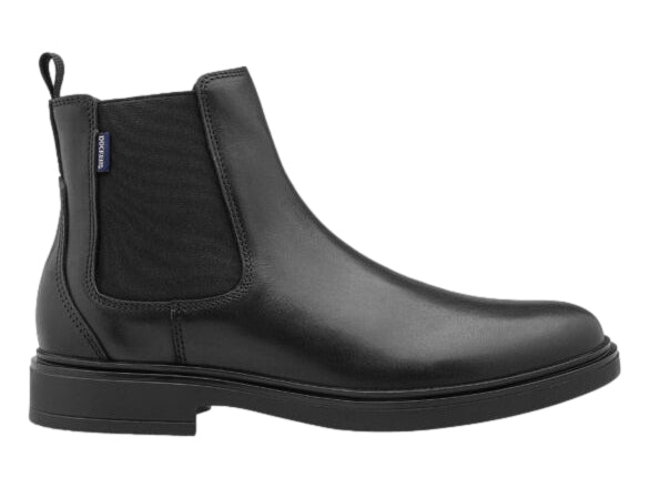 Botín negro estilo Chelsea de cuero con panel elástico lateral.