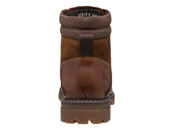 Bota casual de cuero color café con detalles en gamuza y suela dentada.