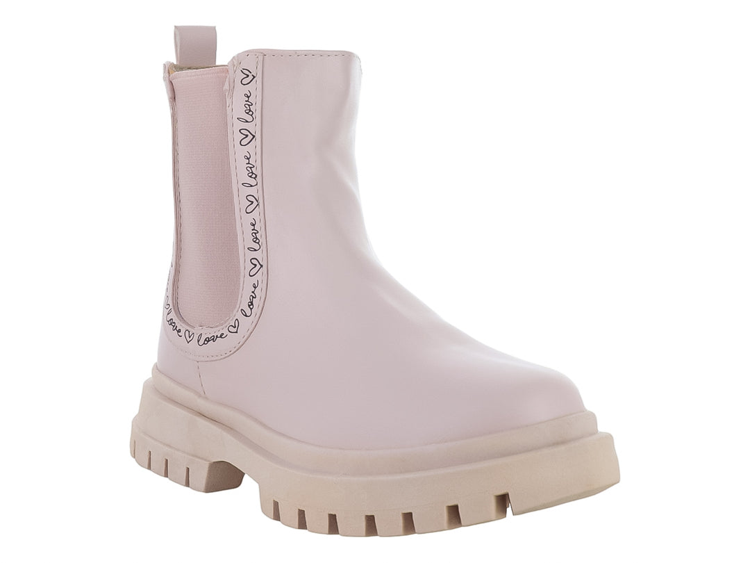 Botas rosa para niña de la marca Teen Bambino con suela beige gruesa y detalles elásticos laterales.