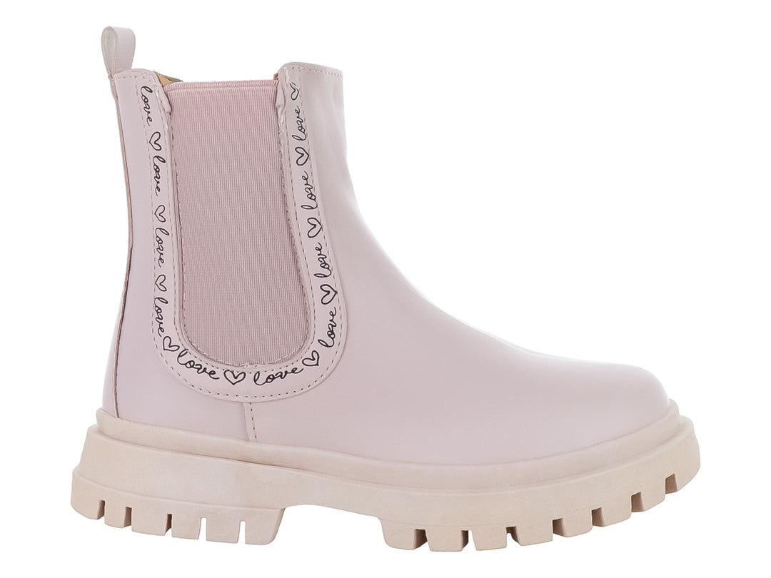 Botas rosa para niña de la marca Teen Bambino con suela beige gruesa y detalles elásticos laterales.