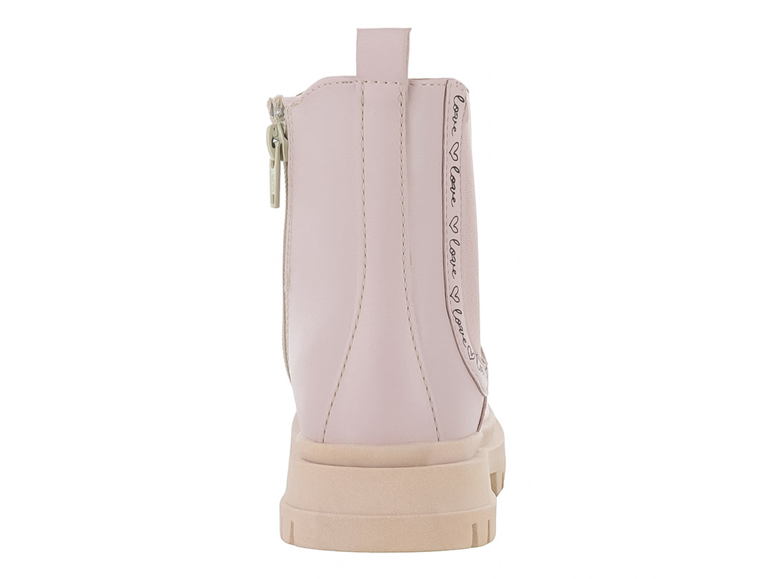 Botas rosa para niña de la marca Teen Bambino con suela beige gruesa y detalles elásticos laterales.