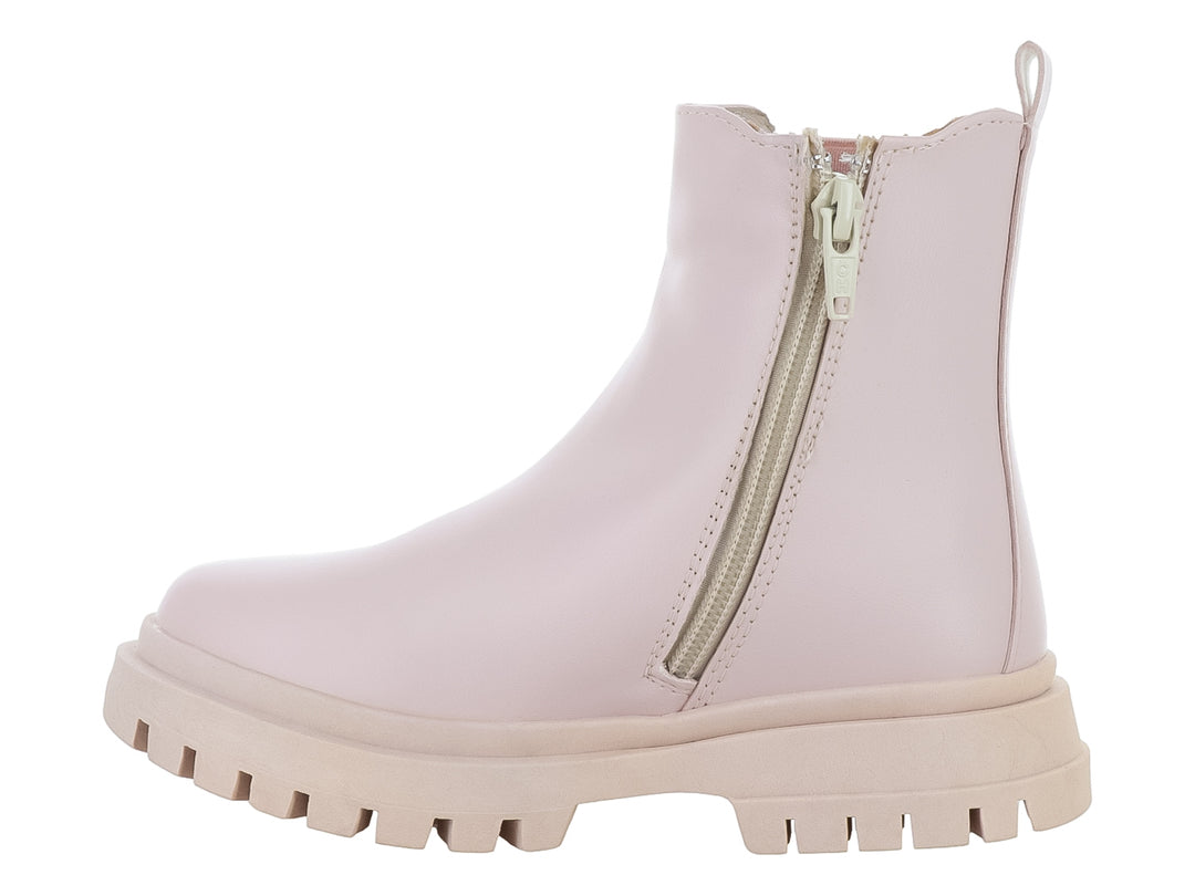 Botas rosa para niña de la marca Teen Bambino con suela beige gruesa y detalles elásticos laterales.