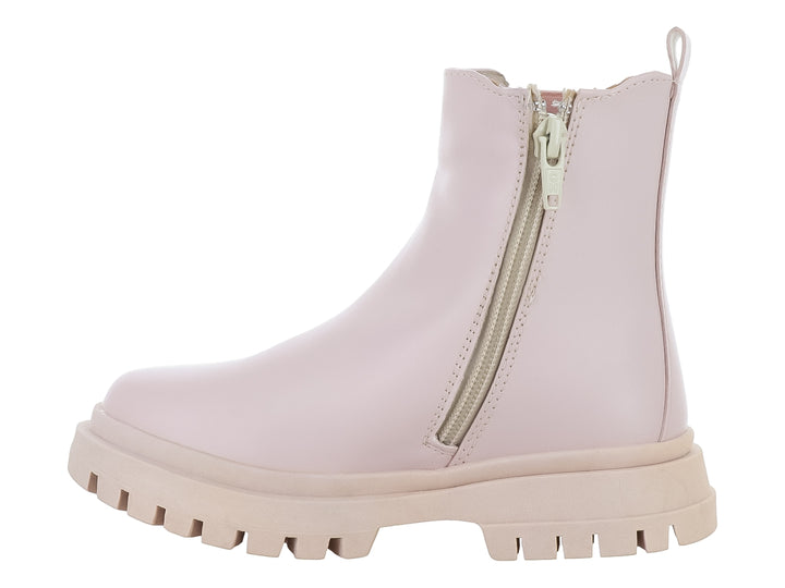 Botas rosa para niña de la marca Teen Bambino con suela beige gruesa y detalles elásticos laterales.