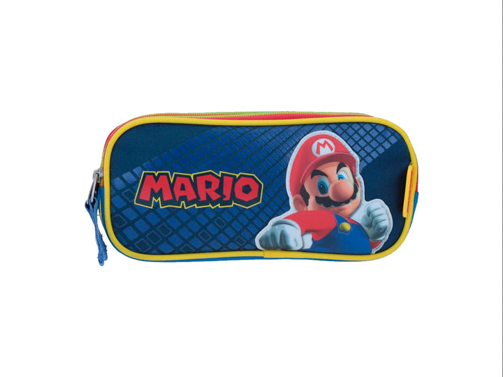 Lapicera azul de Mario Bros con cierre amarillo y rojo.
