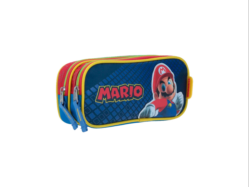 Lapicera azul de Mario Bros con cierre amarillo y rojo.
